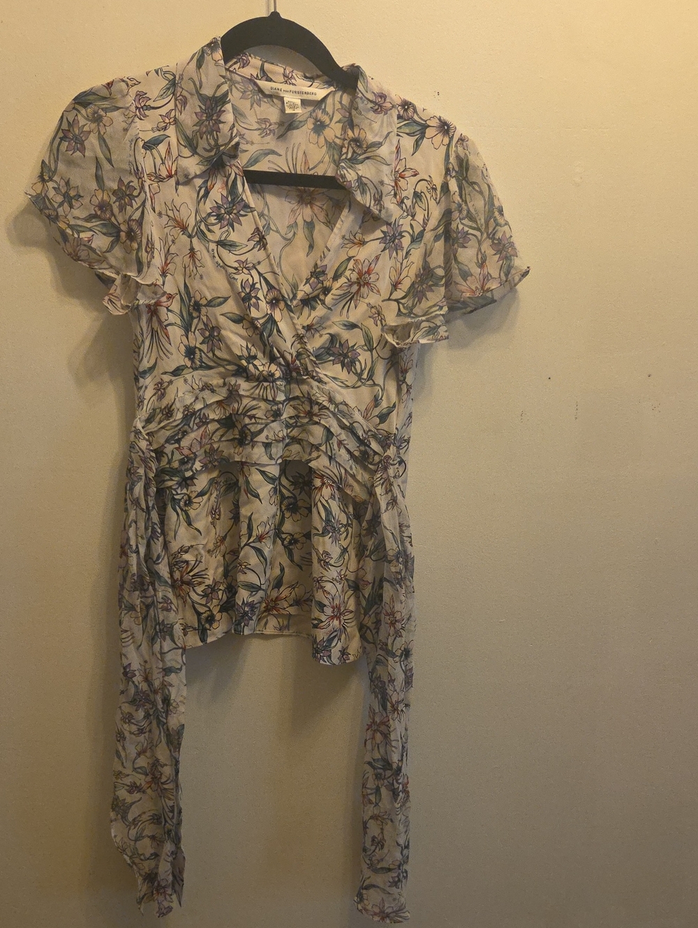 Diane Von Furstenberg Cream Floral Wrap Blouse with Tie